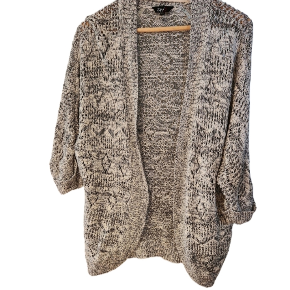 DH3 Med Black/White 100% Cotton Chunky‎ Knit Cardigan Sweater